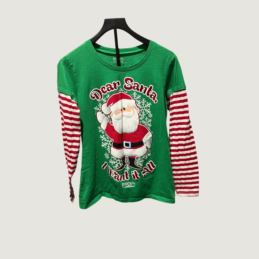 Rudolph Red-Nosed Reindeer Santa Christmas Graphic Tee Green Striped XXL Junior